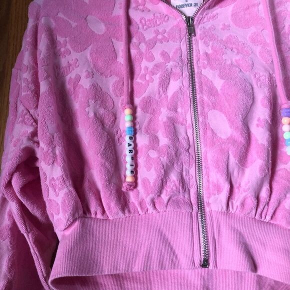 Barbie x Forever 21 Pink Barbiecore Floral Full Zip Beaded Crop Hoodie Size S - Picture 5 of 12